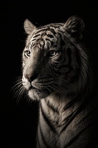 Portrait d'un tigre blanc dans une lumière sombre – élégante affiche animalière au style minimaliste et mystérieux