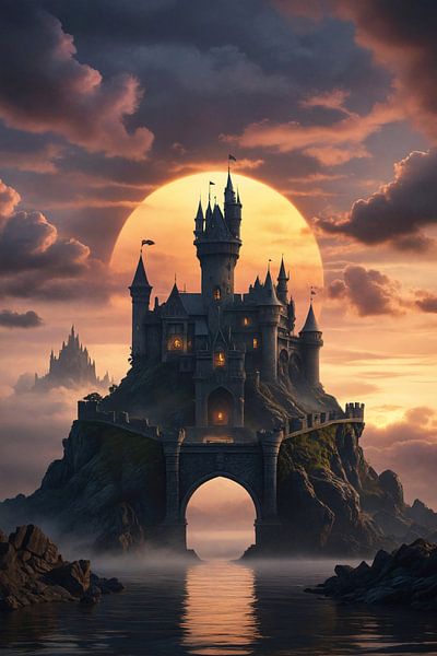 Medieval castle rising above the clouds at sunset with full moon by Markus Gann