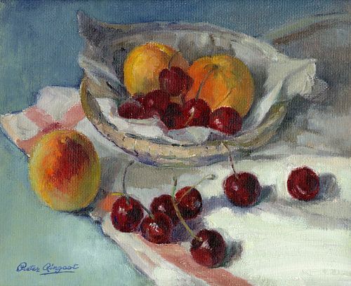 Stilleven schilderij  met kersen en perziken  - Pieter Ringoot oliever