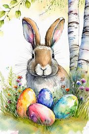 Easter bunny with colourful Easter eggs in the grass with birch trees by Jörg B. Schubert