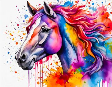 Portret van een paard in felle aquarel van Dutch Art Works