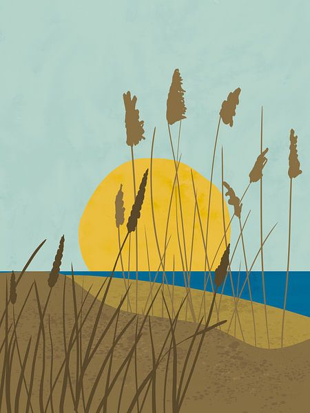 Minimalistische illustratie van duinen bij zonsopkomst