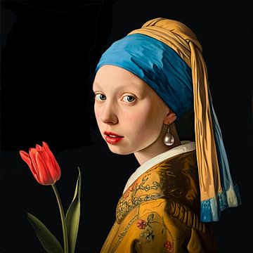 Girl with pearl and tulip by Vlindertuin Art