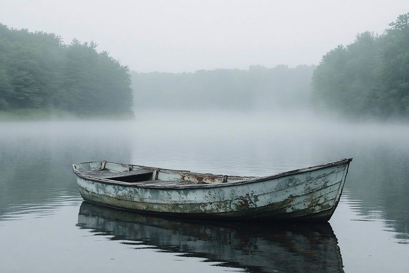 Old boat in foggy lake by Art & Soul Creations