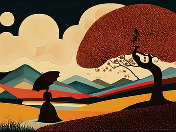 Avond landschap met dromerige vrouw