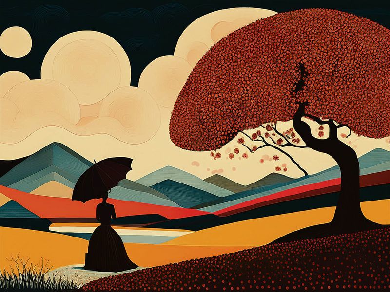 Avond landschap met dromerige vrouw van Prins Schildert