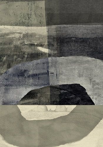 Brutalistische stijl, abstracte vormen in donkere neutrale kleuren.