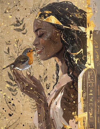 Goudgeel bladgoud en bruin - luxe wanddecoratie - portret met roodborstje