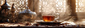 Délicieux thé sur une table dans un panorama du Maroc sur Digitale Schilderijen