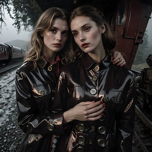 zwei junge Frauen in Leder umarmen sich