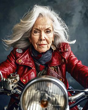 Oude dame op een motorfiets van Frank Heinz