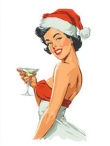 Weihnachts-Pin-up-Illustration im Retro-Stil der 1950er Jahre mit festlichem Glamour