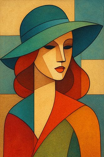Geometrisch schilderij van een vrouw met hoed.