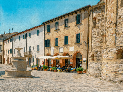 Zonnig Italiaans dorpsplein met gezellig terras