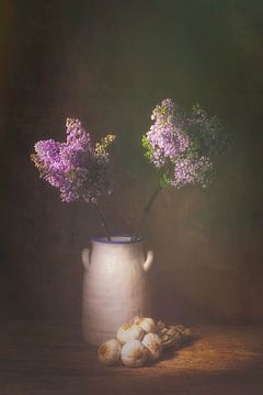 Still life with lilac lilacs and garlic string. by Saskia Dingemans Awarded Photographer