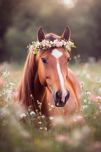 Bloeiend paard in een bloemenveld