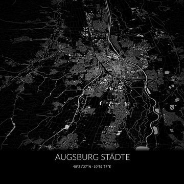 Zwart-witte landkaart van Augsburg Städte, Bayern, Duitsland. van Rezona