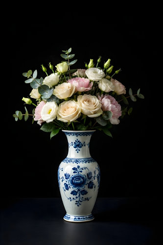 Delfsblauwe Vaas met kleurrijke bloemen