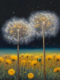 Pusteblumen und Löwenzahnblüten bei Nacht von Isa Bild