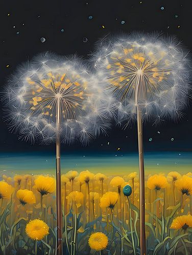 Paardenbloemen en paardenbloembloesems bij nacht