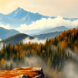 Mountains in the cloud forest - A quiet vantage point between autumnal mixed forest, breathing mist and rugged peaks in the changing light of the alpine expanse by AidasignArt