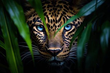 Leopard between green leaves by Kimmisophiee