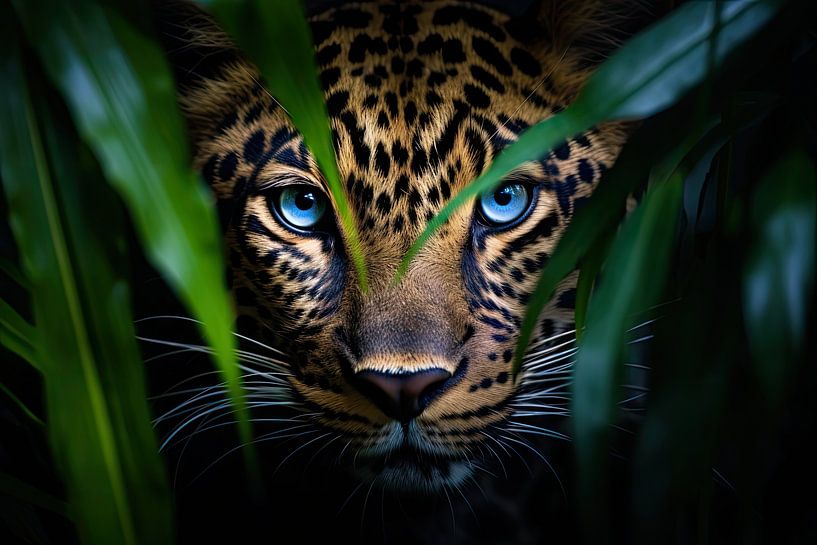 Leopard between green leaves by Kimmisophiee