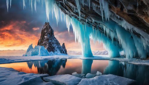 Ice cave with mountain and snow