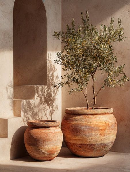 Mediterranean terracotta pots with olive tree in soft sunlight by But First Framing