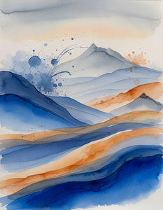 Majestätische abstrakte Landschaftswandkunst in blauem und orangefarbenem Ölgemälde vertikal