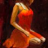 Peinture de femme, peinture d'une femme en robe rouge. sur Hella Maas