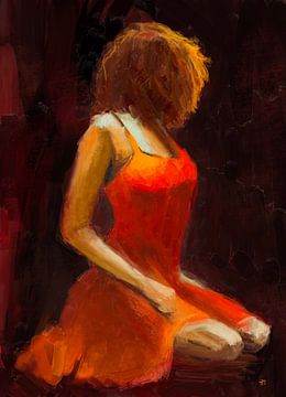 Vrouw schilderij, schilderij van een vrouw in een rode jurk. van Hella Maas
