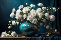 Stilleven van witte bloemen in turquoise vaas