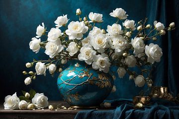 Nature morte de fleurs blanches dans un vase turquoise sur Jan Bouma