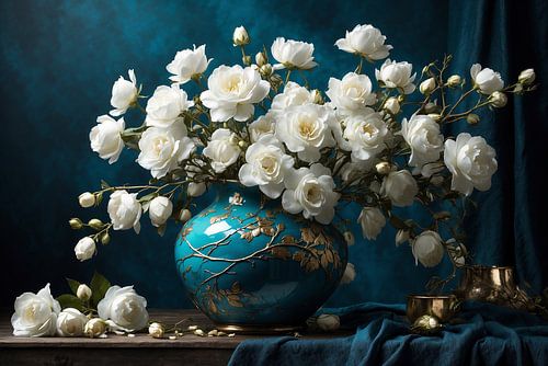 Still life of white flowers in turquoise vase