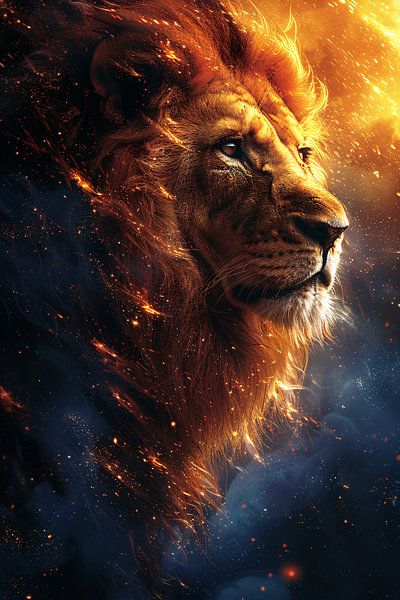 Portrait d'un lion majestueux à la crinière ardente par Art & Soul Creations