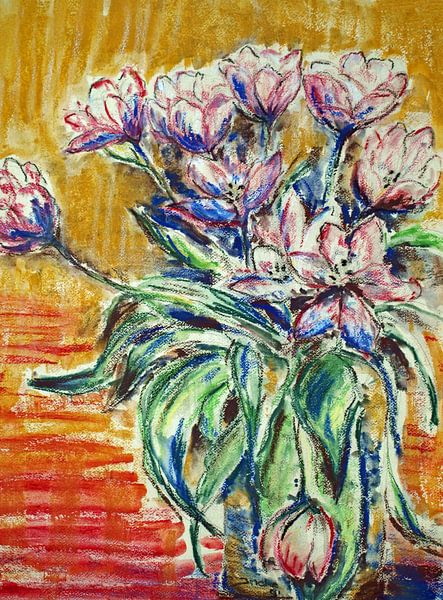 Tulips in a vase. Hand-painted with oil crayon. by Ineke de Rijk