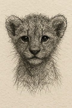 Draad portret jonge leeuw (babykamer welp dierenkunst zwart wit savanne natuurliefhebbers)