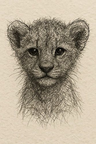 Draad portret jonge leeuw (babykamer welp dierenkunst zwart wit savanne natuurliefhebbers)