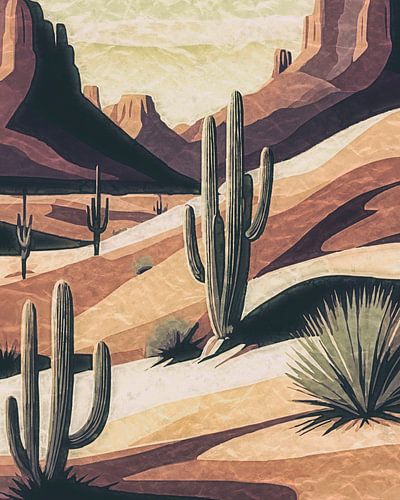 Rotsgebergte en cactussen in Vintage posterstijl
