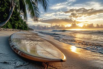 Zonsondergang met surfboard van Art & Soul Creations