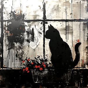 Street-Art chat fenêtre fleurs silhouette urban graffiti