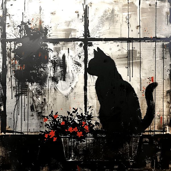Street-Art Katze Fenster Blumen Silhouette urban Graffiti von gm_designs