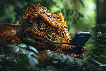 Dinosaurus met smartphone in het bos van Imperial Art House