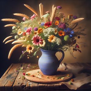 Nature morte ; bouquet de fleurs des champs dans le style des vieux maîtres