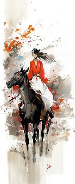 Gemälde einer jungen Frau auf einem weißen asiatischen Pferd von Blikvanger Schilderijen