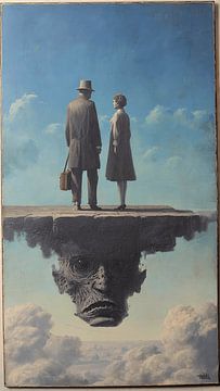 Art numérique vintage surréaliste : jeune couple sur un cercueil