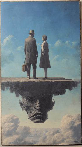 Surrealistische vintage digitale kunst: jong stel op een doodskist