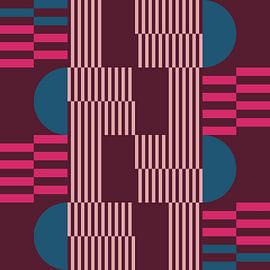 Abstrakte geometrische Kunst im Retro-Stil in Weinrot, Neon-Pink, Blau von Dina Dankers