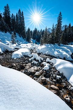 Zonnig uitzicht met prachtige sneeuw en rivier in het Kleinwalsertal van Leo Schindzielorz